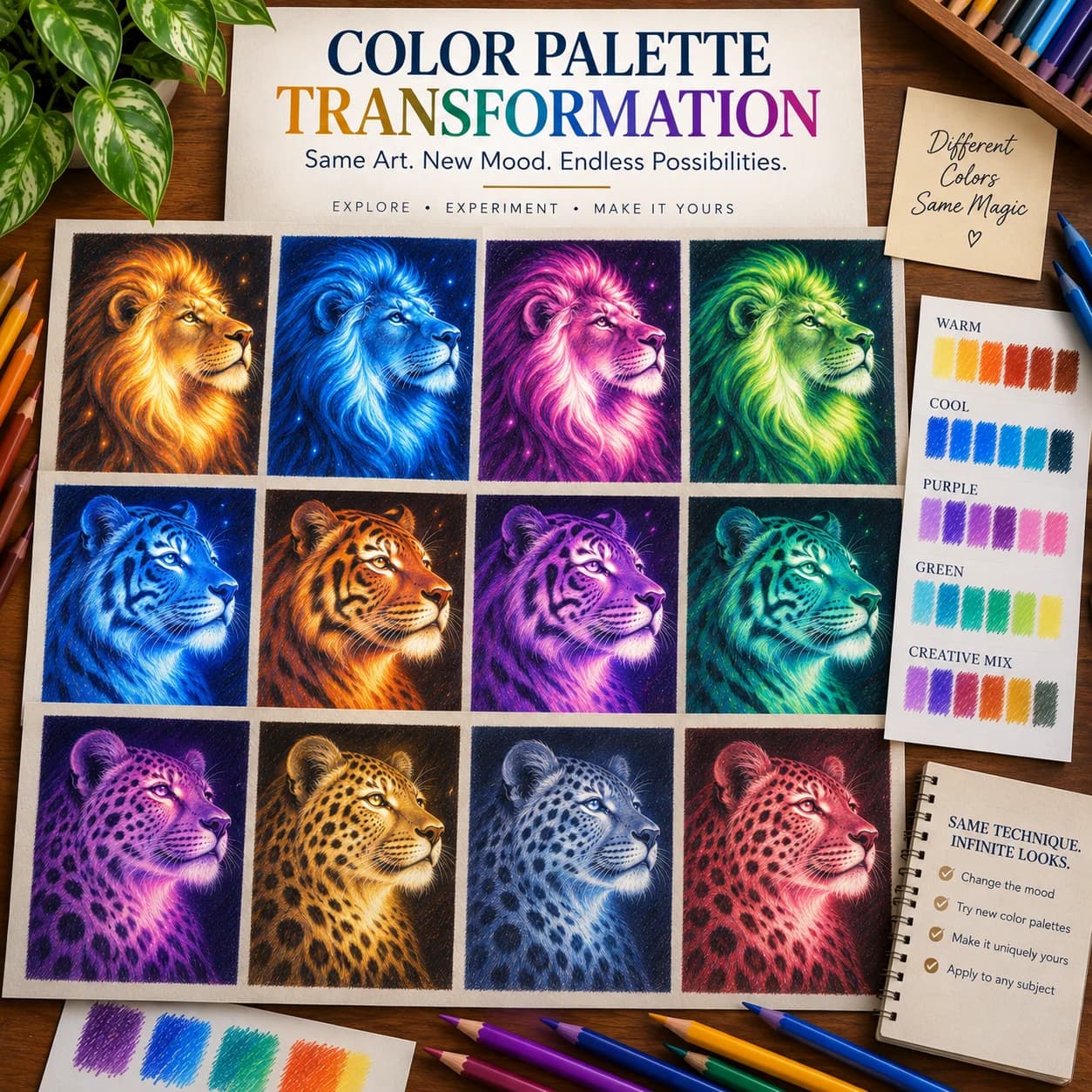 Color Palette Transformation: the same lion, tiger, and leopard portraits redrawn in warm, cool, purple, and green palettes