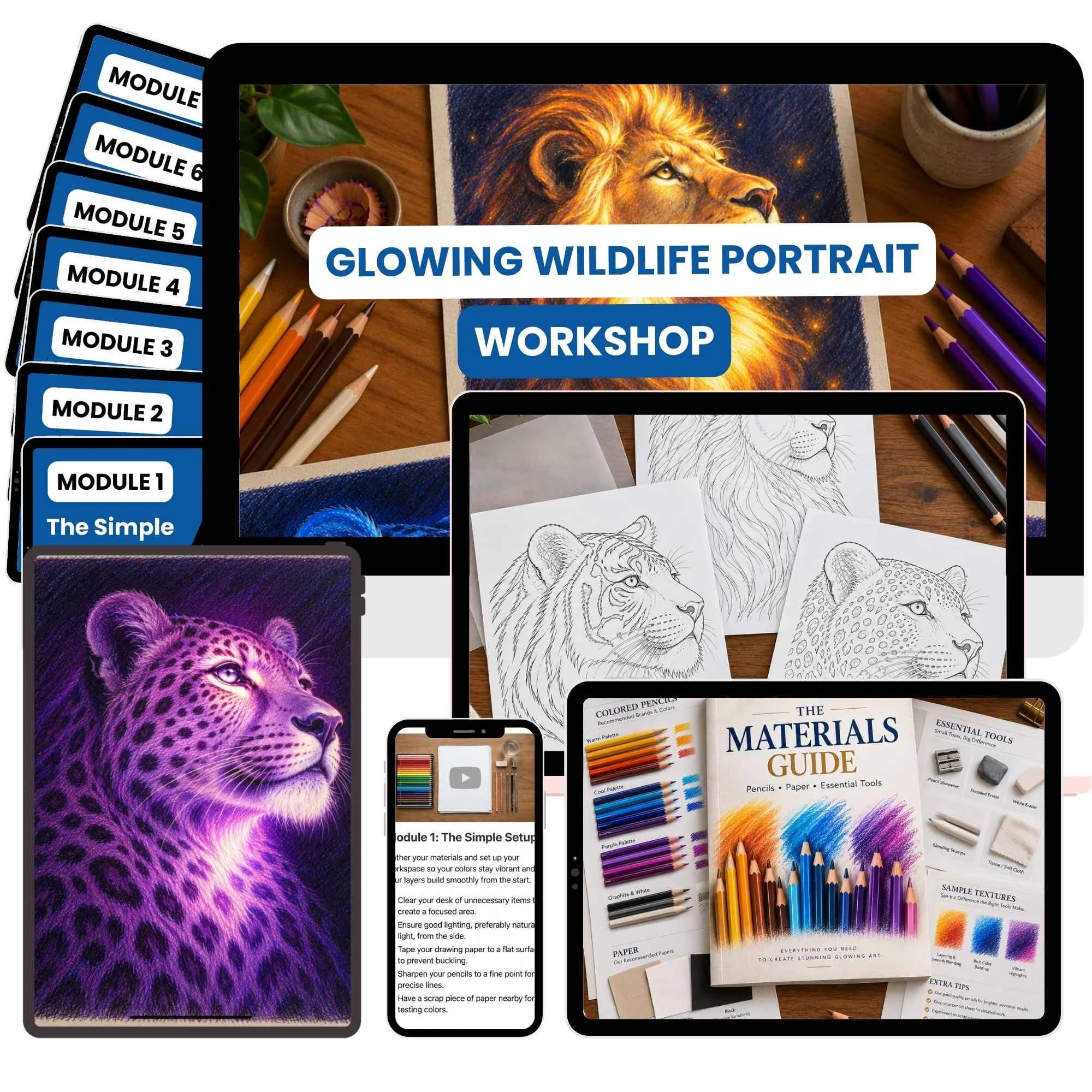 Glowing Wildlife Portraits Workshop shown across desktop, tablet, and phone