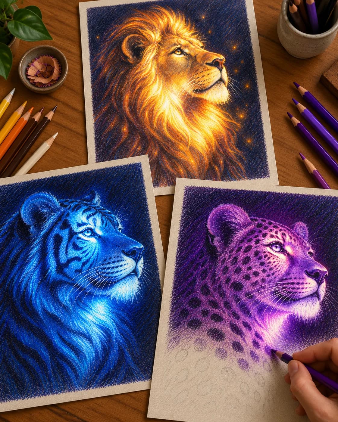 Finished glowing lion, tiger, and leopard portraits drawn with colored pencils